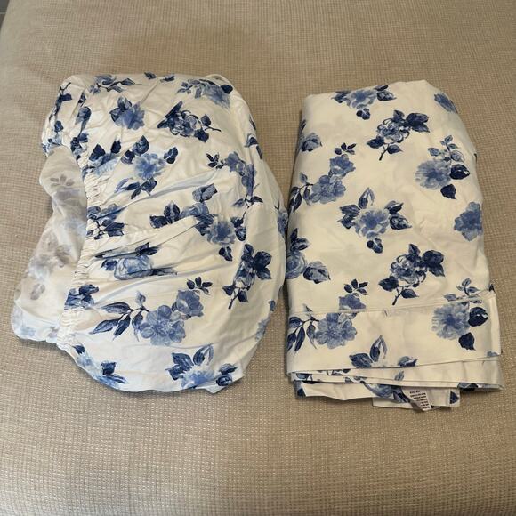 LL Bean Garment Washed Sateen Floral White Blue French Country Sheet Set Twin - Picture 1 of 4
